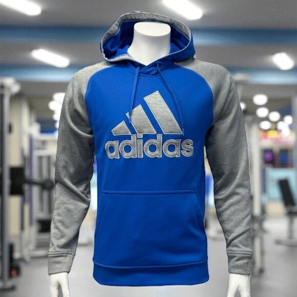 Adidas Climawarm Blue Gray Raglan Pullover Embroidered Logo Hoodie Sweatshirt SM - Picture 1 of 12